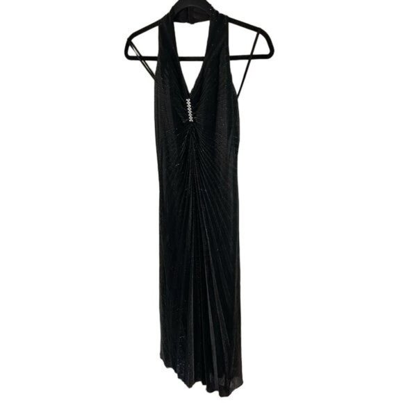 Thea Dora Halter Evening Gown, Black Shimmer Rhinestone Pleated Whimsigoth Sz 10 - Picture 5 of 15